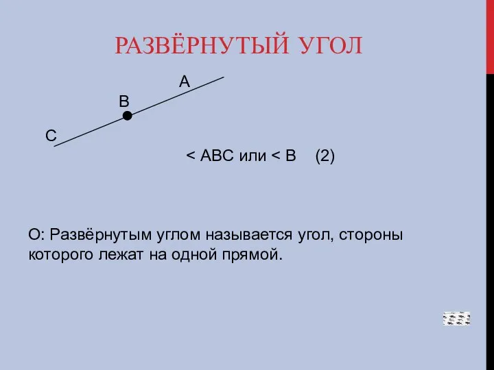РАЗВЁРНУТЫЙ УГОЛ A B C О: Развёрнутым углом называется угол, стороны которого лежат на одной прямой.