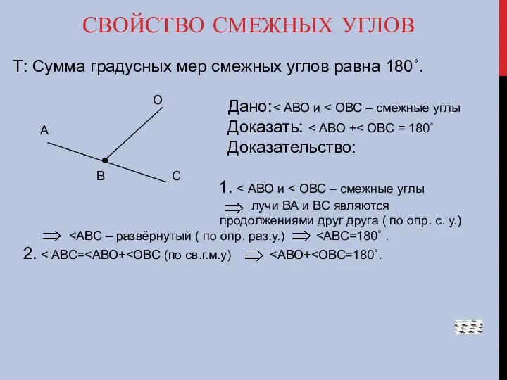 СВОЙСТВО СМЕЖНЫХ УГЛОВ Т: Сумма градусных мер смежных углов равна 180˚.