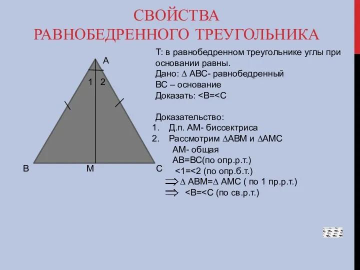 СВОЙСТВА РАВНОБЕДРЕННОГО ТРЕУГОЛЬНИКА А 1 2 В М С Т: в