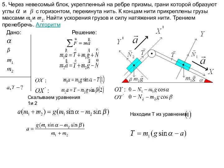 5. Через невесомый блок, укрепленный на ребре призмы, грани которой образуют