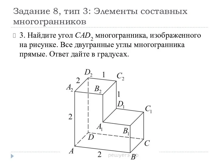Задание 8, тип 3: Элементы составных многогранников 3. Найдите угол CAD2