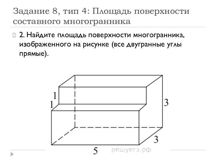 Задание 8, тип 4: Площадь поверхности составного многогранника 2. Найдите площадь