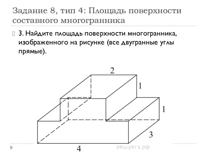 Задание 8, тип 4: Площадь поверхности составного многогранника 3. Найдите площадь