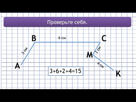 B C Проверьте себя. А M K 3 см 6 см 2 см 4 см 3+6+2+4=15