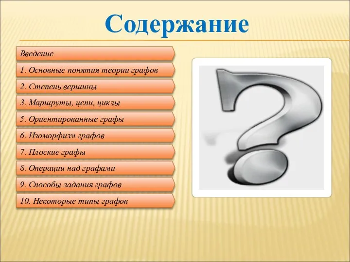 Содержание 1. Основные понятия теории графов 2. Степень вершины Введение 5.