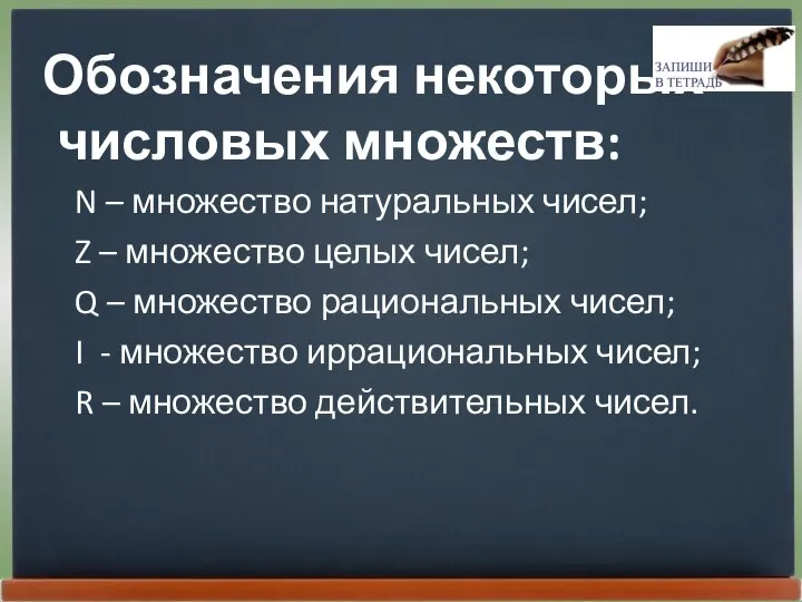 Обозначения некоторых числовых множеств: N – множество натуральных чисел; Z –