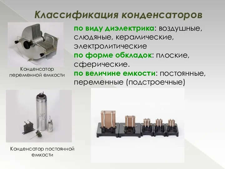 Классификация конденсаторов по виду диэлектрика: воздушные, слюдяные, керамические, электролитические по форме