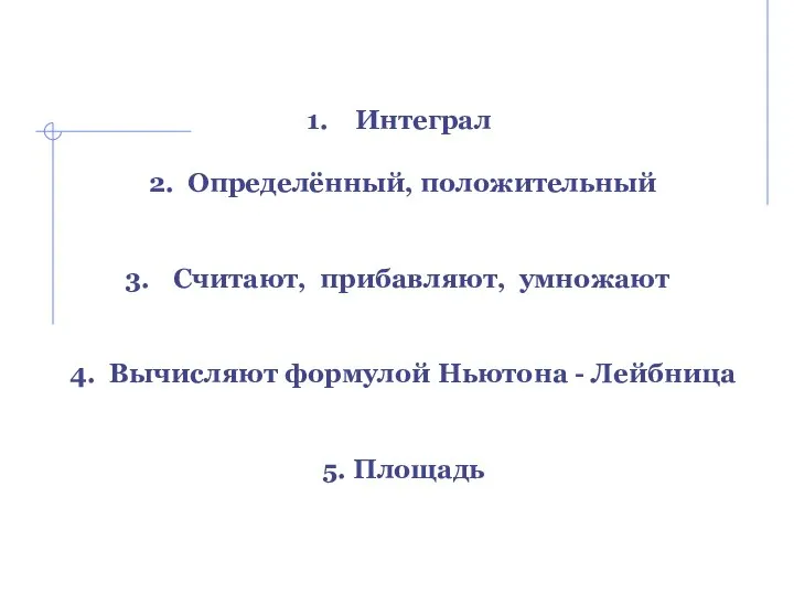 Интеграл 2. Определённый, положительный Считают, прибавляют, умножают 4. Вычисляют формулой Ньютона - Лейбница 5. Площадь