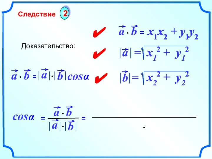 Следствие 2 Доказательство: = x1x2 + y1y2 x1x2 + y1y2