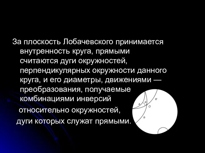 За плоскость Лобачевского принимается внутренность круга, прямыми считаются дуги окружностей, перпендикулярных