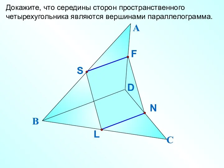 Докажите, что середины сторон пространственного четырехугольника являются вершинами параллелограмма. А В С D