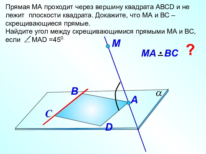 Прямая МА проходит через вершину квадрата АВСD и не лежит плоскости