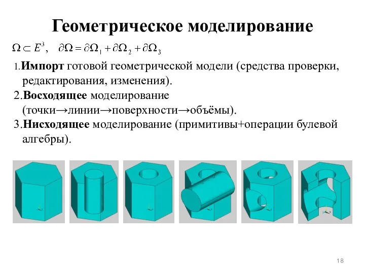 Геометрическое моделирование 1.Импорт готовой геометрической модели (средства проверки, редактирования, изменения). 2.Восходящее