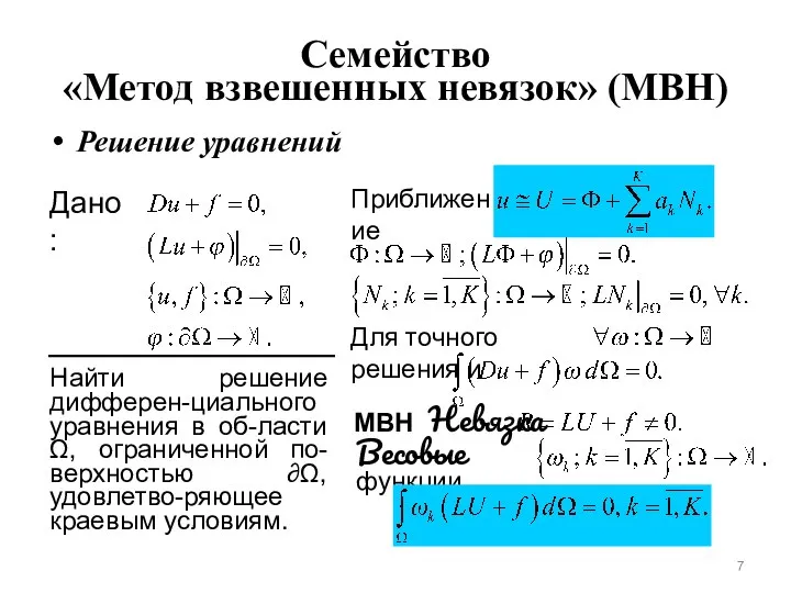 Семейство «Метод взвешенных невязок» (МВН) Дано: Найти решение дифферен-циального уравнения в