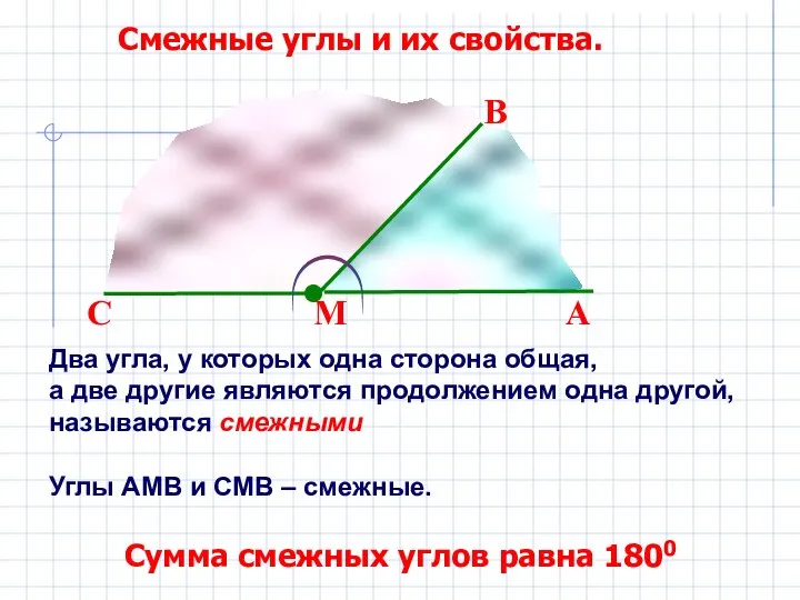 Смежные углы и их свойства. М А В С Два угла,