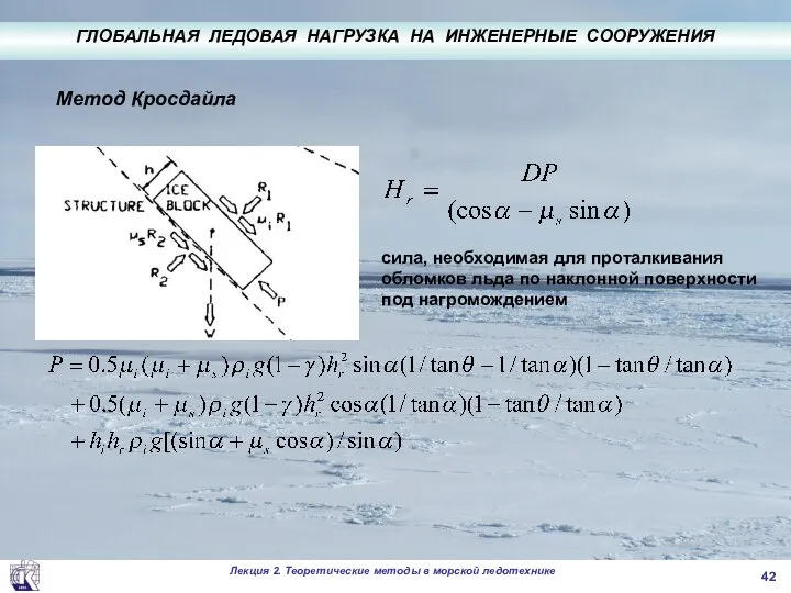 . сила, необходимая для проталкивания обломков льда по наклонной поверхности под