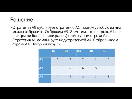 Решение Стратегия А5 дублирует стратегию А2, поэтому любую из них можно