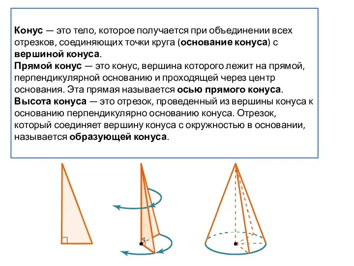 Конус — это тело, которое получается при объединении всех отрезков, соединяющих