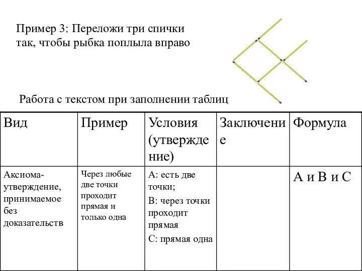 Пример 3: Переложи три спички так, чтобы рыбка поплыла вправо Работа с текстом при заполнении таблиц