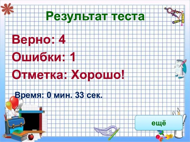 Результат теста Верно: 4 Ошибки: 1 Отметка: Хорошо! Время: 0 мин. 33 сек. ещё