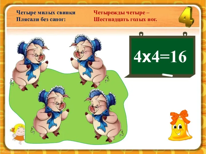 4х4=16 Четыре милых свинки Плясали без сапог: Четырежды четыре – Шестнадцать голых ног.