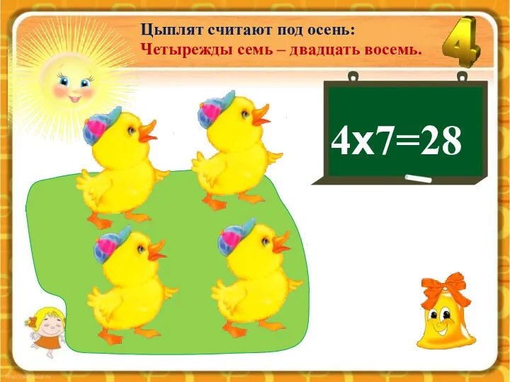 4х7=28 Цыплят считают под осень: Четырежды семь – двадцать восемь.