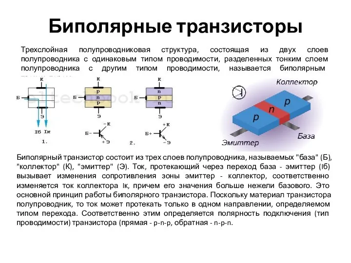 Биполярные транзисторы Трехслойная полупроводниковая структура, состоящая из двух слоев полупроводника с