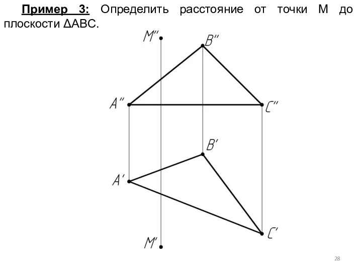 Пример 3: Определить расстояние от точки М до плоскости ΔАВС.