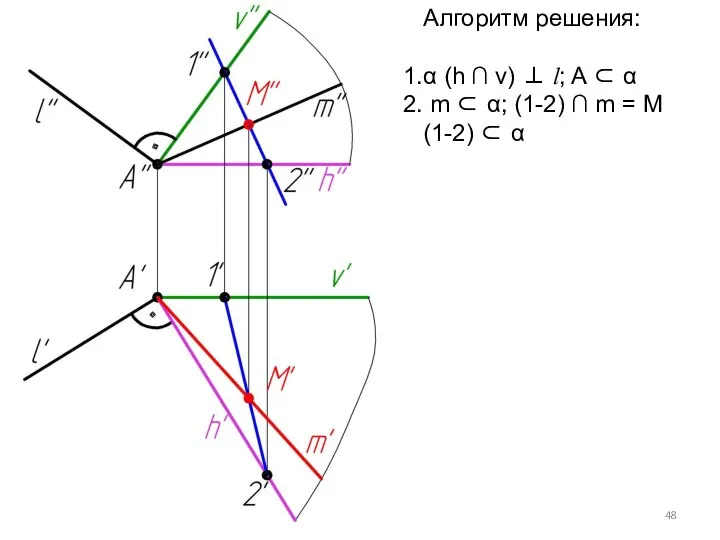 Алгоритм решения: α (h ∩ v) ⊥ l; A ⊂ α
