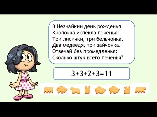 В Незнайкин день рожденья Кнопочка испекла печенья: Три лисички, три бельчонка,