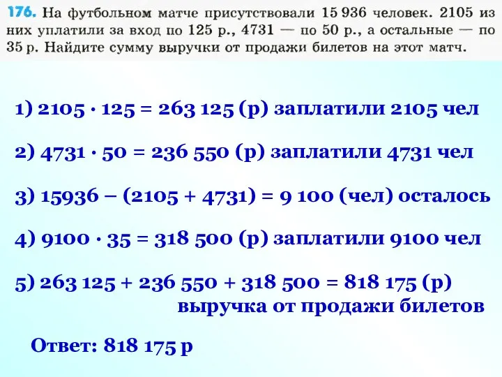 1) 2105 · 125 = 263 125 (р) заплатили 2105 чел