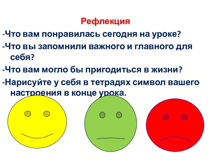 Рефлекция -Что вам понравилась сегодня на уроке? -Что вы запомнили важного