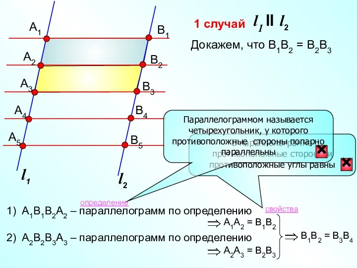 1) А1В1В2А2 – параллелограмм по определению 1 случай l1 II l2