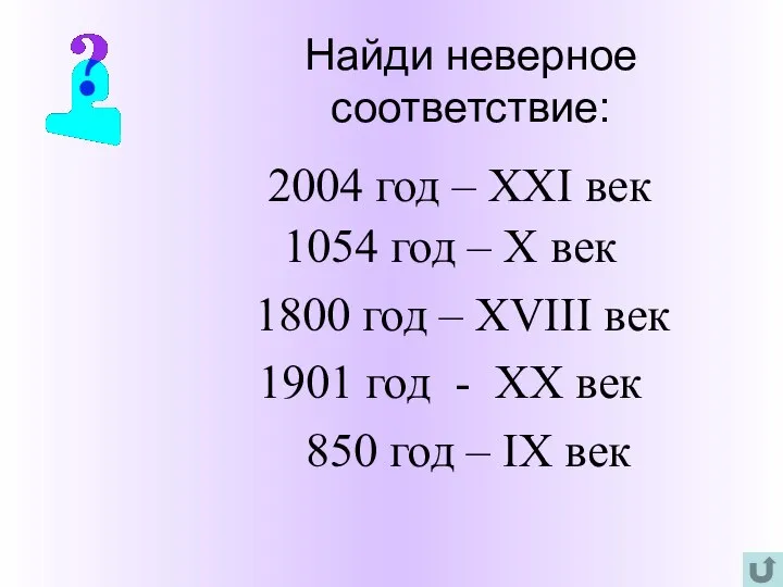 Найди неверное соответствие: 2004 год – XXI век 1054 год –