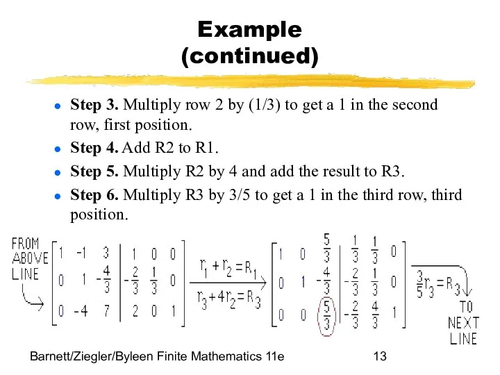 Barnett/Ziegler/Byleen Finite Mathematics 11e Example (continued) Step 3. Multiply row 2