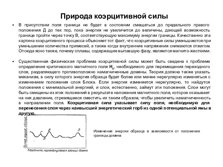 Природа коэрцитивной силы Изменение энергии образца в зависимости от положения границы