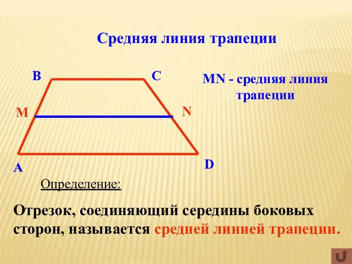 Средняя линия трапеции Определение: Отрезок, соединяющий середины боковых сторон, называется средней