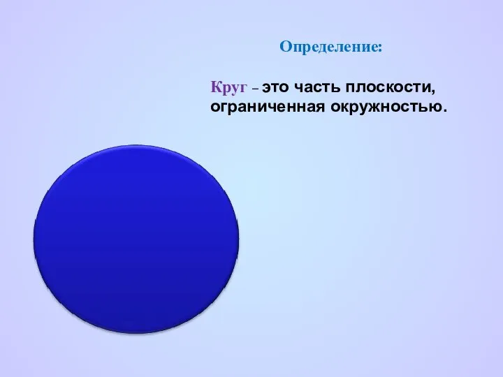 Определение: Круг – это часть плоскости, ограниченная окружностью.