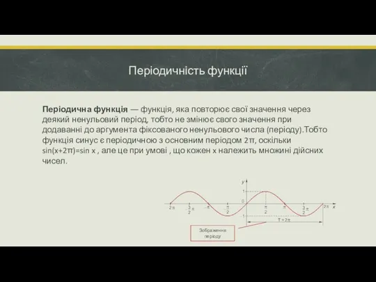 Періодичність функції Періодична функція ― функція, яка повторює свої значення через