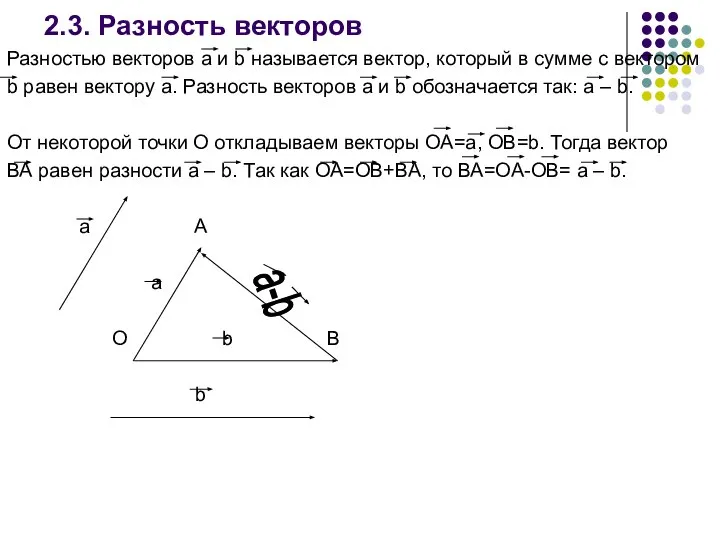 2.3. Разность векторов Разностью векторов а и b называется вектор, который