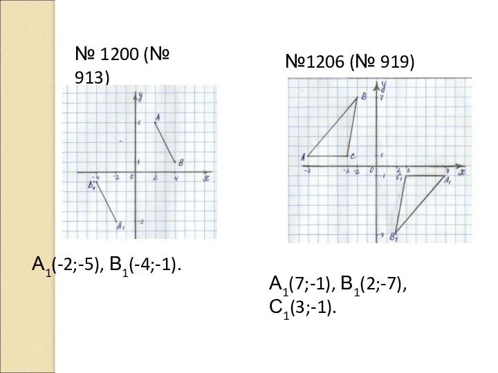 № 1200 (№ 913) А1(-2;-5), В1(-4;-1). №1206 (№ 919) А1(7;-1), В1(2;-7), С1(3;-1).