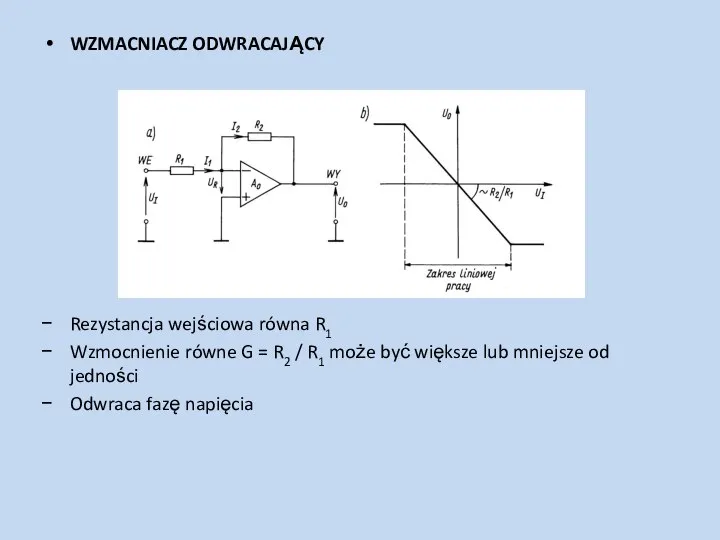 WZMACNIACZ ODWRACAJĄCY Rezystancja wejściowa równa R1 Wzmocnienie równe G = R2