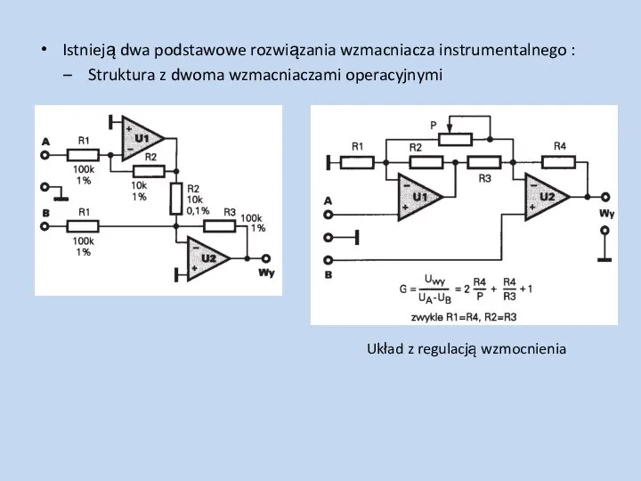 Istnieją dwa podstawowe rozwiązania wzmacniacza instrumentalnego : Struktura z dwoma wzmacniaczami operacyjnymi Układ z regulacją wzmocnienia