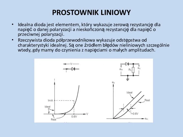 PROSTOWNIK LINIOWY Idealna dioda jest elementem, który wykazuje zerową rezystancję dla