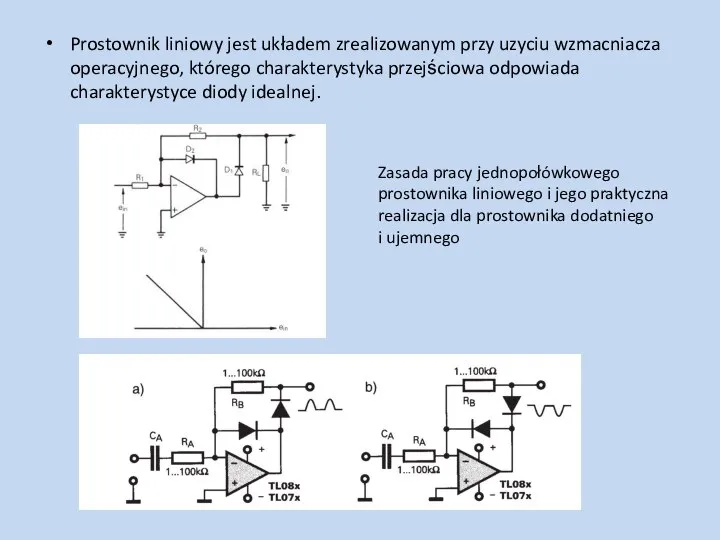 Prostownik liniowy jest układem zrealizowanym przy uzyciu wzmacniacza operacyjnego, którego charakterystyka