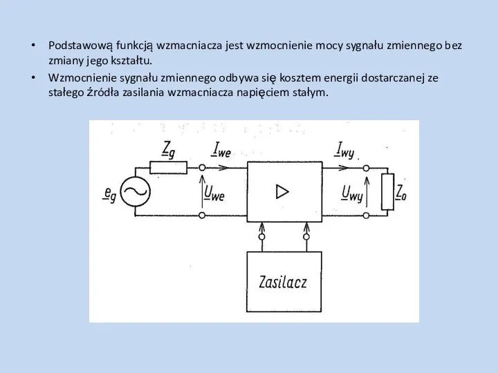 Podstawową funkcją wzmacniacza jest wzmocnienie mocy sygnału zmiennego bez zmiany jego