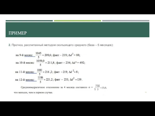 ПРИМЕР 2. Прогноз, рассчитанный методом скользящего среднего (база – 5 месяцев):