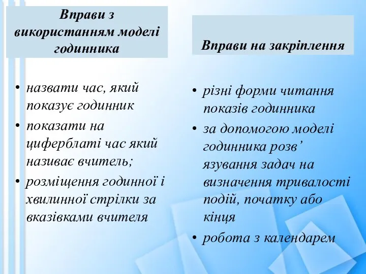 Вправи з використанням моделі годинника назвати час, який показує годинник показати