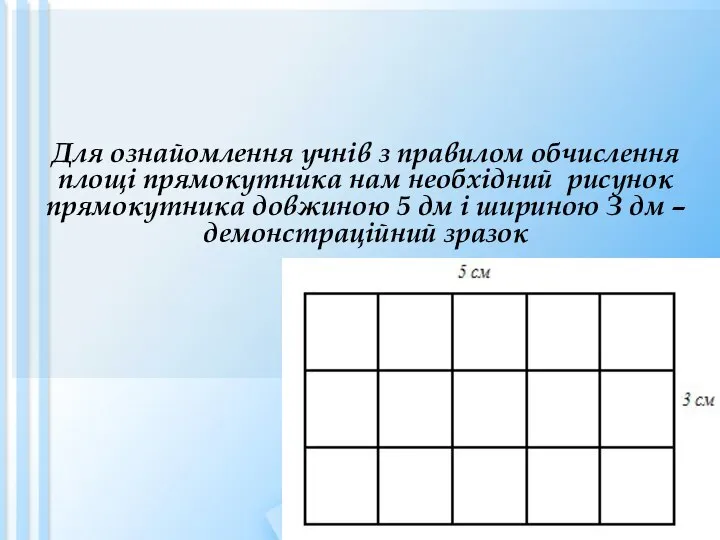 Для ознайомлення учнів з правилом обчислення площі прямокутника нам необхідний рисунок