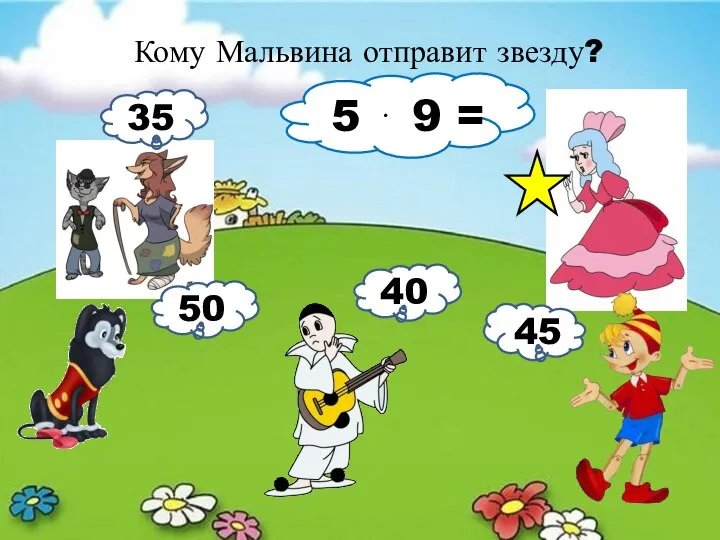 Кому Мальвина отправит звезду? 5 ⋅ 9 = 35 50 40 45